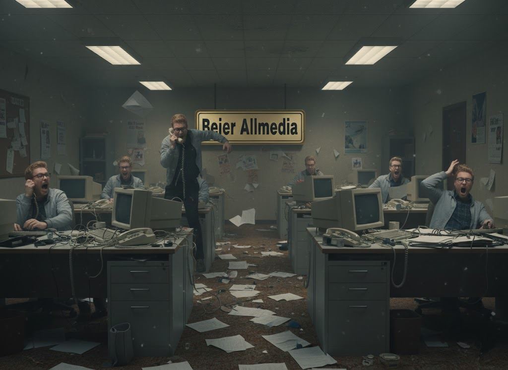 Humorvolle Bildmontage: in einem chaotischen Retro-Büro mit dem Schild „Beier Allmedia“ telefonieren und schreien mehrere Mitarbeitende, Papier fliegt durch die Luft.