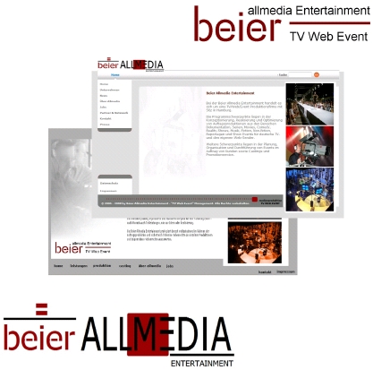 Collage aus den Anfangsjahren: frühe Logos von beier allmedia entertainment und die erste Website des Unternehmens.