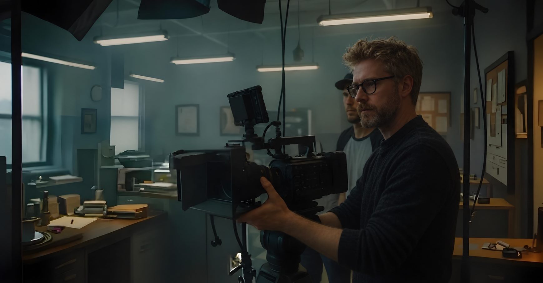 Michael Beier an der Filmkamera bei einem Dreh in einem Büro-Set, hinter ihm ein Kollege.